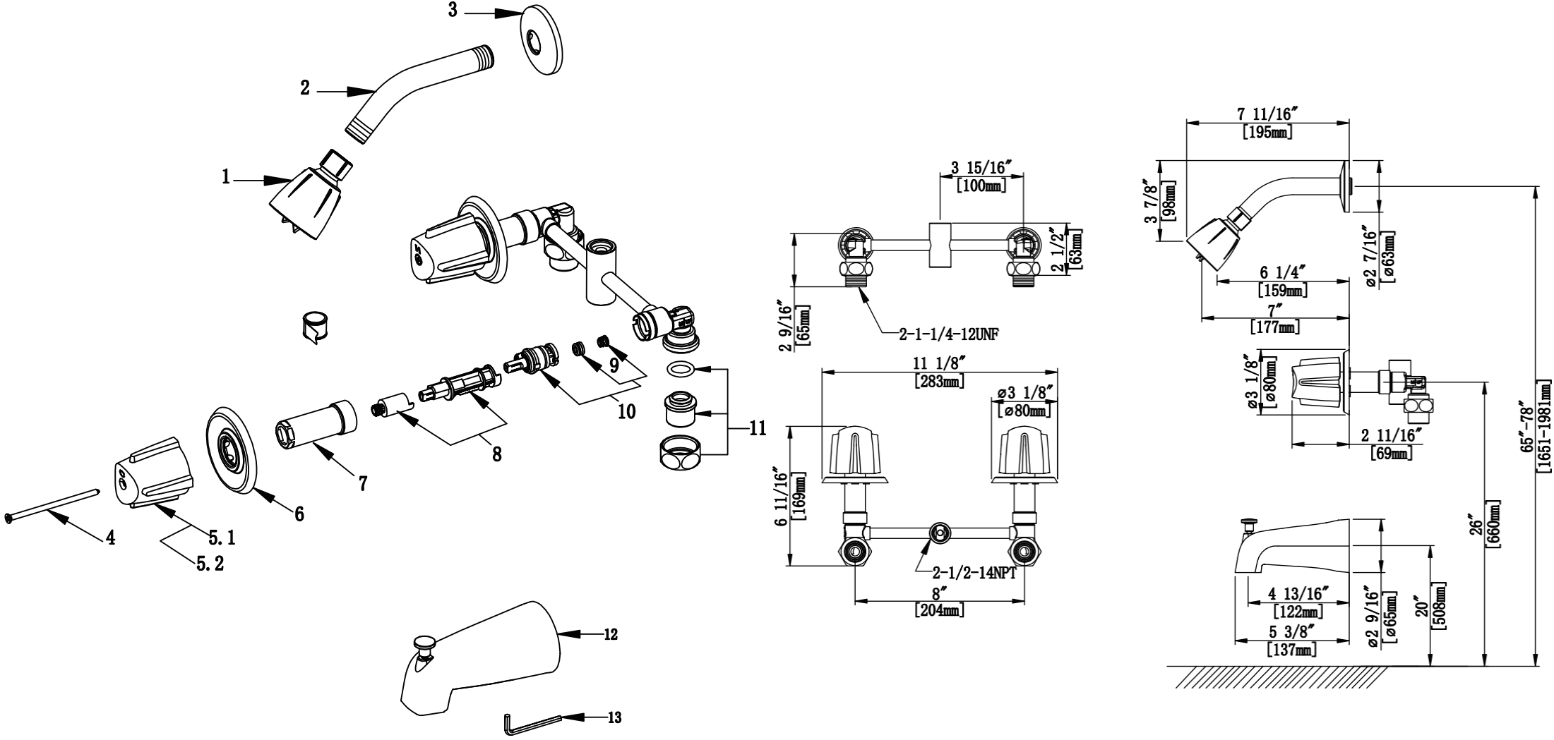 Two Handle Tub & Shower Trim, Slip on Diverter Spout Specifications Images