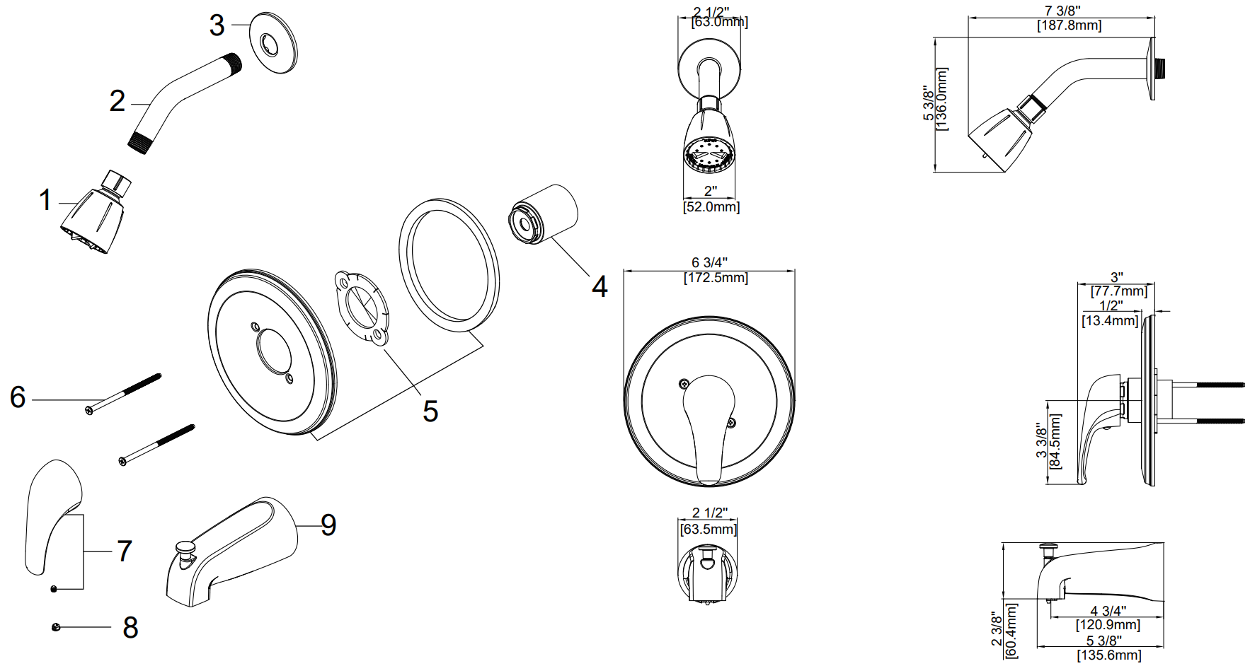 Single Handle Tub & Shower Trim Kit, Job Pack Specifications Images