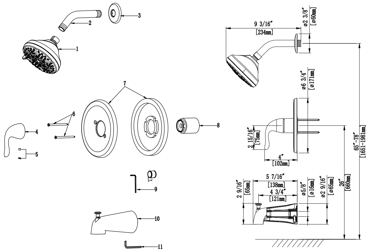 Single Control Tub & Shower Trim, Slip On Diverter, Job Pack Specifications Images