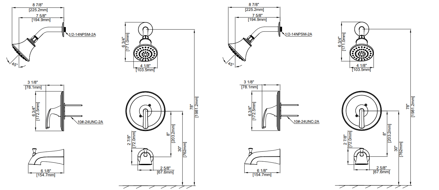 Single Control Tub & Shower Trim, Slip On Diverter Spout, Job Pack Specifications Images