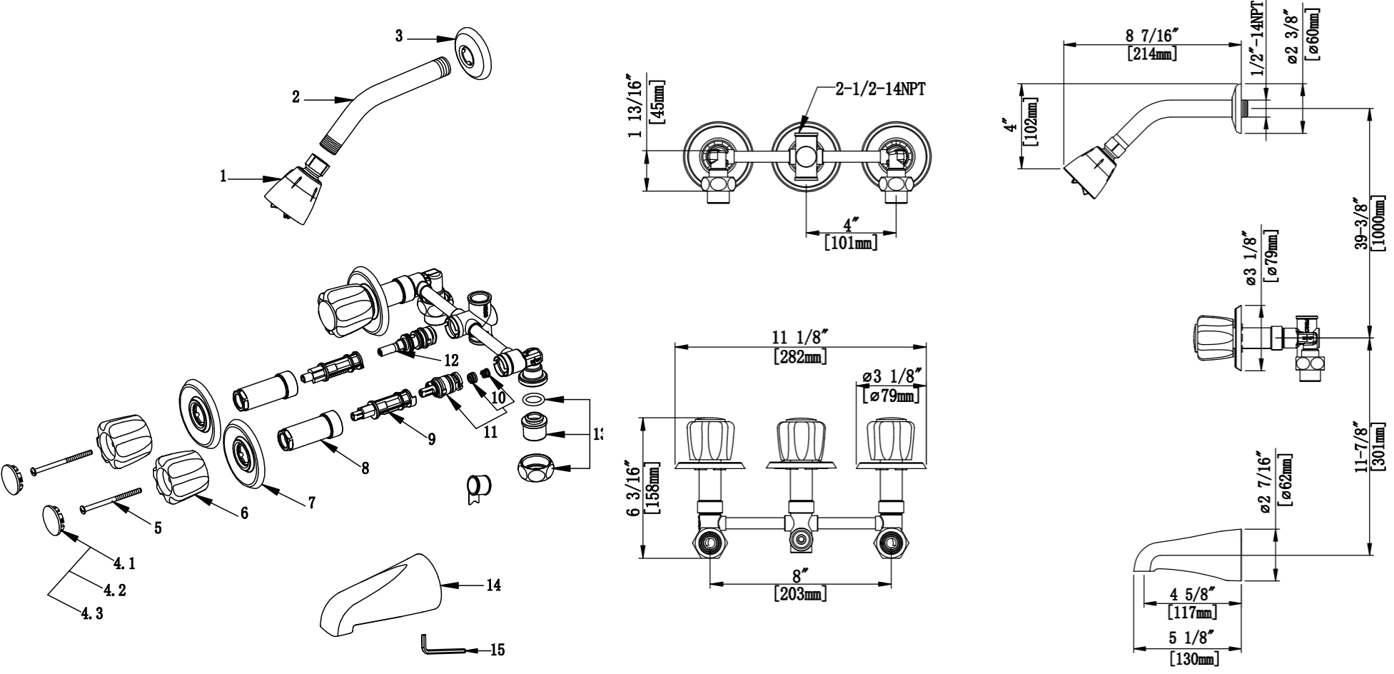 Three Handle Tub & Shower Trim, Slip on Spout Specifications Images