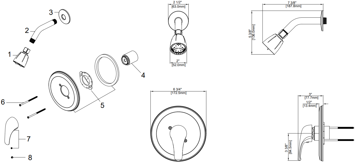 Single Handle Shower Only Trim Kit, Job Pack Specifications Images