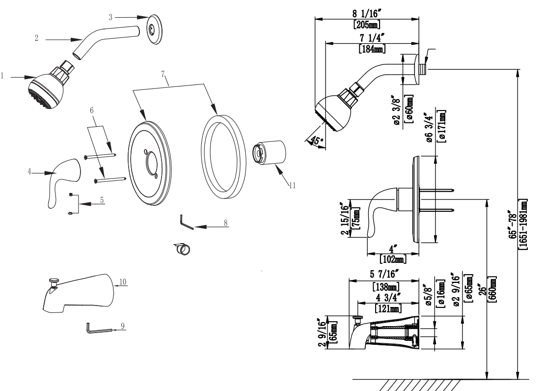 Single Control Tub & Shower Trim, Slip On Diverter, Job Pack Specifications Images